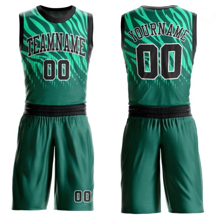 Custom Basketball Jersey Sublimation Suit - Kelly Green, Black & White Round Neck Custom Kelly Green Black-White Round Neck - Image 1