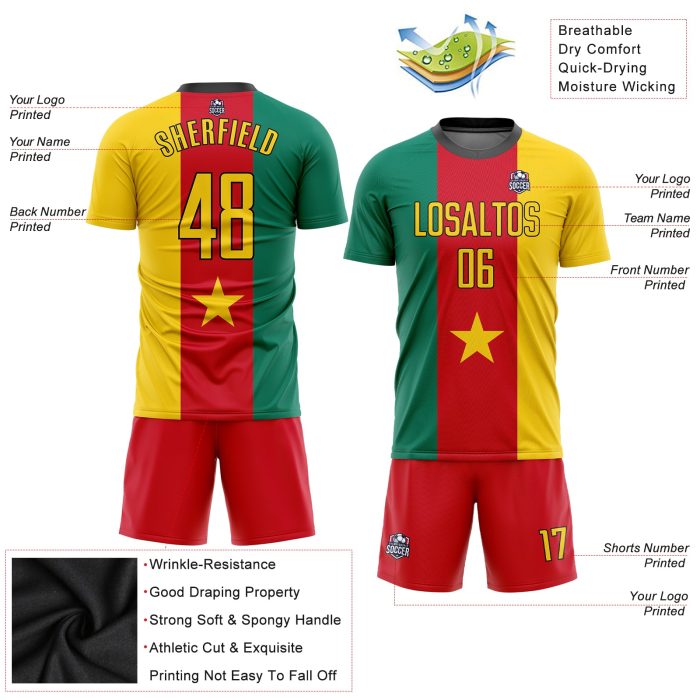 Cameroonian Flag Soccer Jersey - Custom Sublimation Kelly Green Gold Red-Black Uniform Custom Kelly Green Gold Red-Black - Image 3