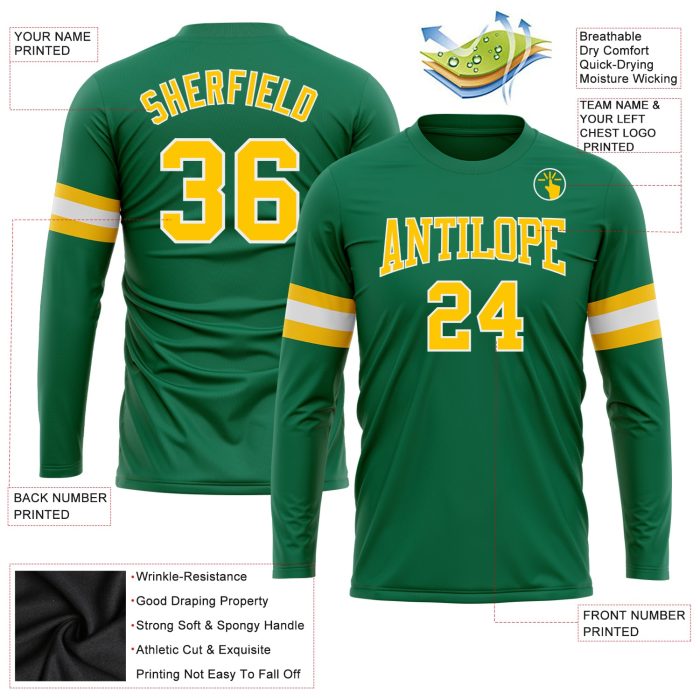 Custom Kelly Green Long Sleeve Performance T-Shirt - Gold White Salute To Service Custom Kelly Green Gold-White Long Sleeve - Image 3