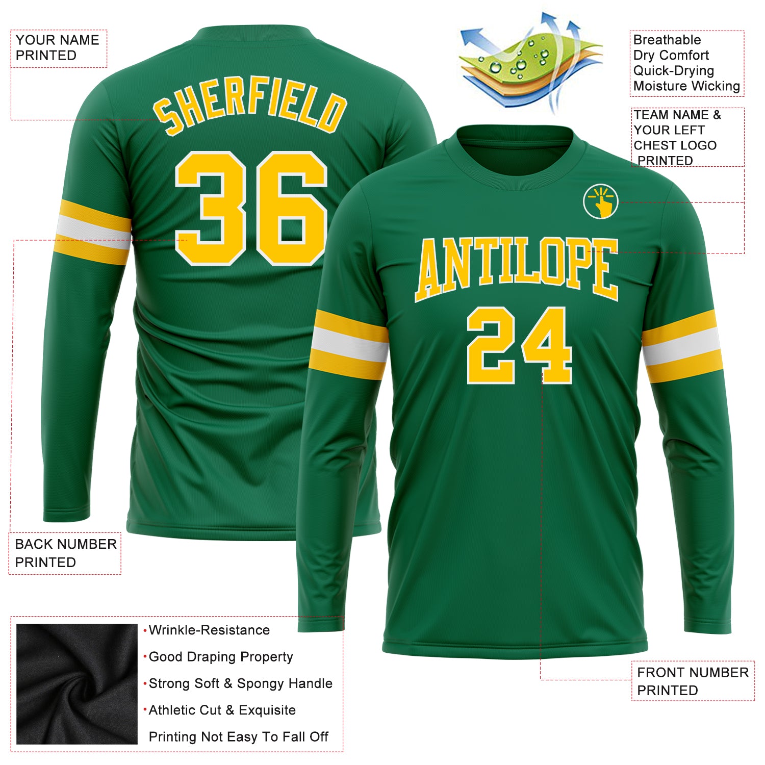 Custom Kelly Green Gold-White Long Sleeve Performance Salute To Service T-Shirt Custom Kelly Green Long Sleeve Performance T-Shirt - Gold White Salute To Service Custom Kelly Green Gold-White Long Sleeve - Image 3