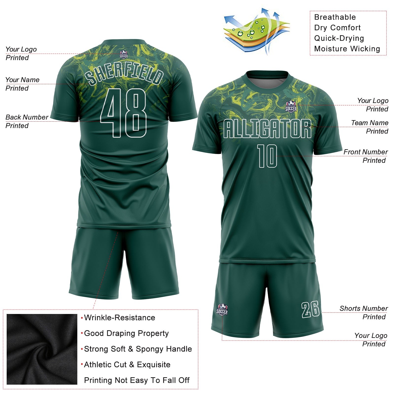Custom Kelly Green Kelly Green-Gold Sublimation Soccer Uniform Jersey Custom Kelly Green Gold Sublimation Soccer Jersey Uniform for Teams and Players Custom Kelly Green Kelly Green-Gold Sublimation - Image 3