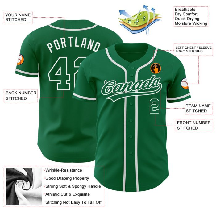 Custom Kelly Green Authentic Baseball Jersey - Green & White Design Custom Kelly Green Kelly Green-White Authentic Baseball - Image 3