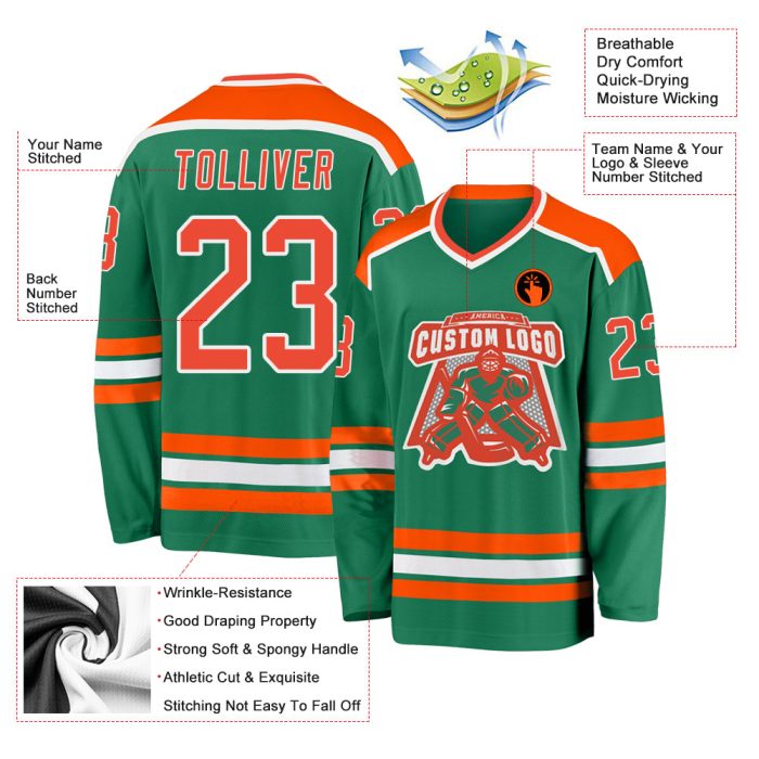 Custom Kelly Green Hockey Jersey with Orange and White Accents Custom Kelly Green Orange-White Hockey Jersey - Image 3