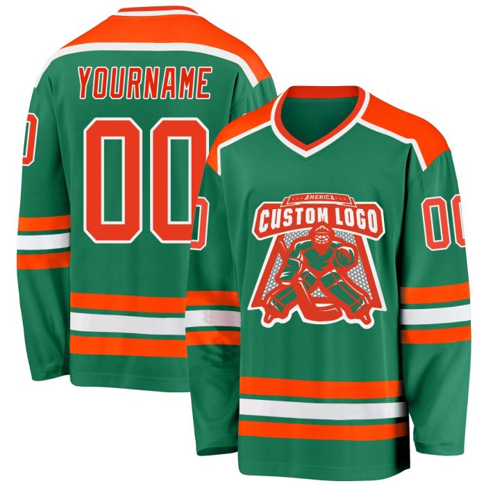 Custom Kelly Green Hockey Jersey with Orange and White Accents Custom Kelly Green Orange-White Hockey Jersey - Image 1