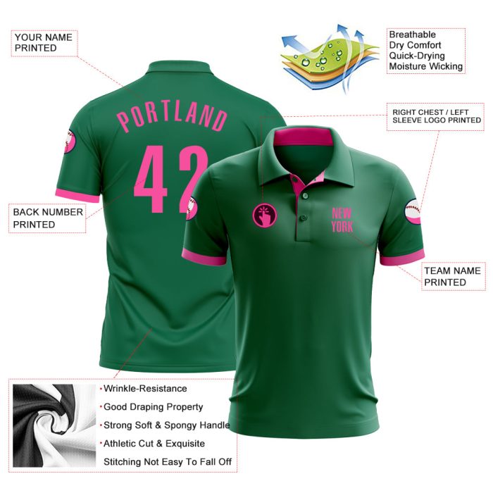 Custom Kelly Green Pink Golf Polo Shirt for Performance, Mens Outdoor Apparel Custom Kelly Green Pink Performance Golf Polo - Image 3