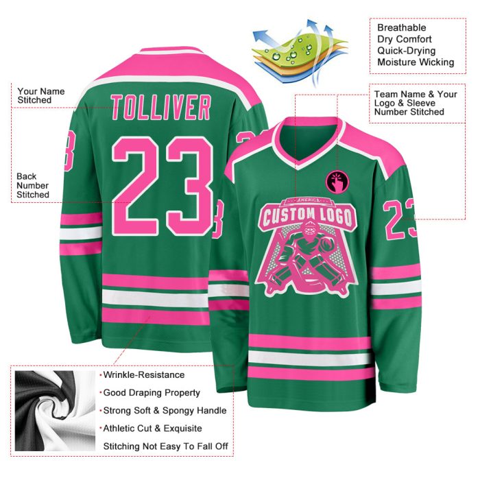 Custom Hockey Jersey in Kelly Green with Pink-White Trim Custom Kelly Green Pink-White Hockey Jersey - Image 3