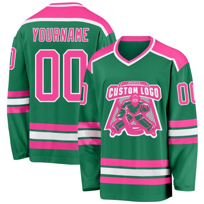 Custom Hockey Jersey in Kelly Green with Pink-White Trim Custom Kelly Green Pink-White Hockey Jersey - Image 1