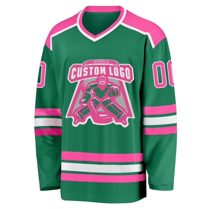 Custom Hockey Jersey in Kelly Green with Pink-White Trim Custom Kelly Green Pink-White Hockey Jersey - Image 2