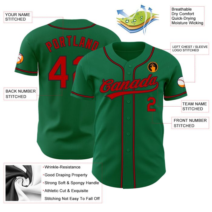 Custom Authentic Baseball Jersey in Kelly Green, Red, and Black Custom Kelly Green Red-Black Authentic Baseball Jersey - Image 3