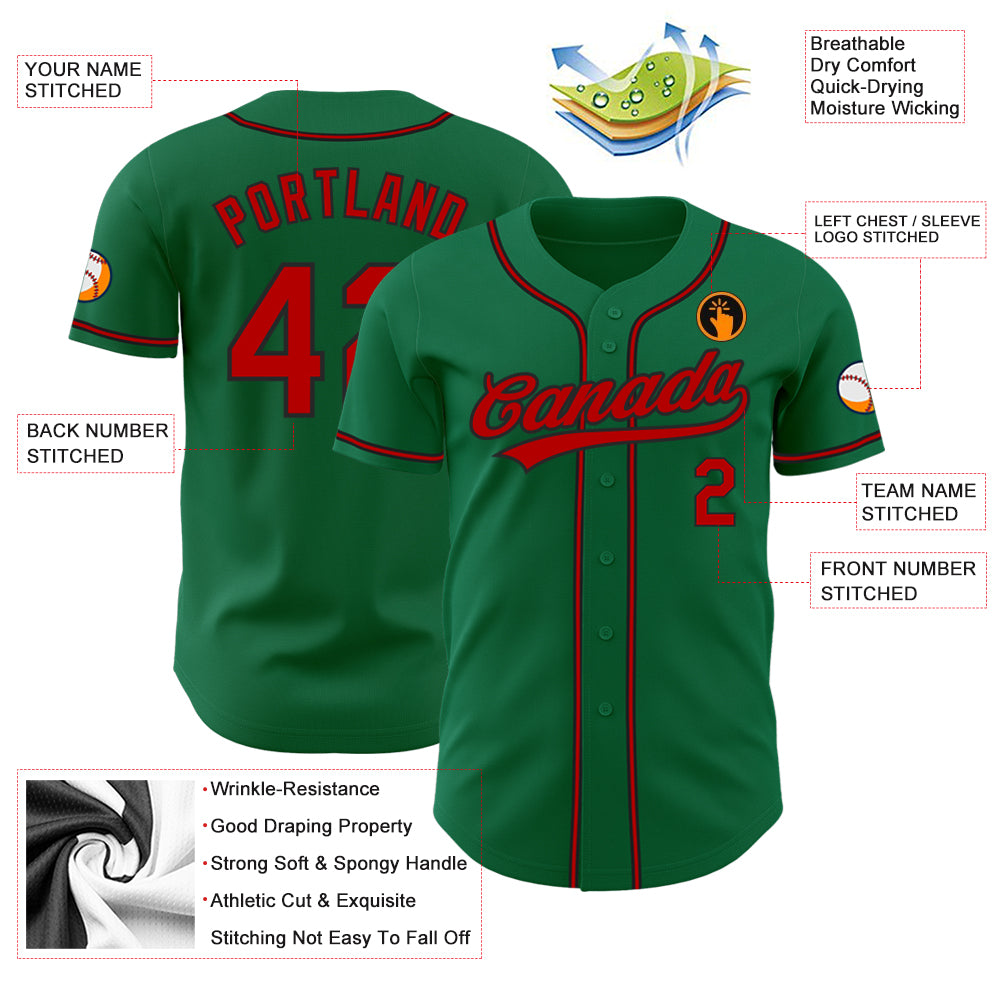 Custom Kelly Green Red-Black Authentic Baseball Jersey Custom Authentic Baseball Jersey in Kelly Green, Red, and Black Custom Kelly Green Red-Black Authentic Baseball Jersey - Image 3