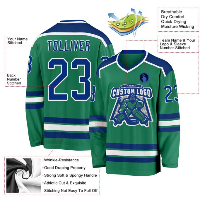 Custom Green White Hockey Jersey - Personalized Kelly Green Sports Jersey Custom Kelly Green Royal-White Hockey Jersey - Image 3