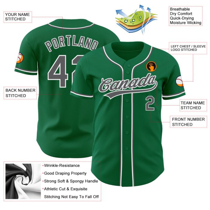 Custom Steel Gray White Kelly Green Authentic Baseball Jersey Custom Kelly Green Steel Gray-White Authentic Baseball Jersey - Image 3