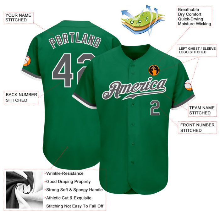 Custom Kelly Green Baseball Jersey, Gray-White Style 7086 - Authentic Athletic Apparel Custom Kelly Green Steel Gray-White - Image 3