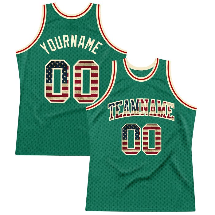 Custom Kelly Green Vintage USA Flag Basketball Jersey Cream Authentic Throwback Custom Kelly Green Vintage USA Flag-Cream - Image 1