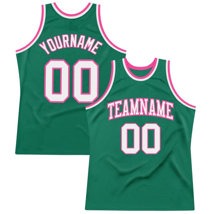 Custom Kelly Green Basketball Jersey - Authentic White-Pink Throwback Design Custom Kelly Green White-Pink Authentic Throwback - Image 1
