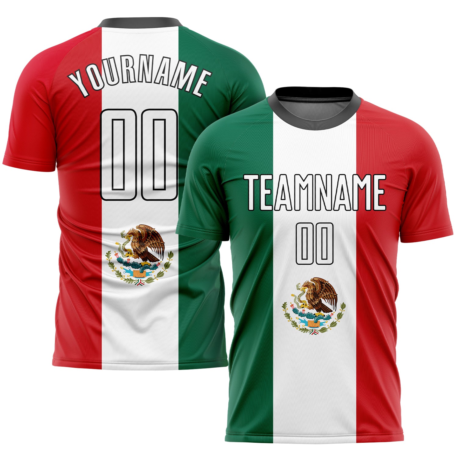 Custom Kelly Green White Red-Black Sublimation Mexican Flag Soccer Uniform Jersey Mexican Flag Sublimation Soccer Uniform Jersey in Kelly Green, White, Red, and Black Custom Kelly Green White Red-Black Sublimation - Image 1