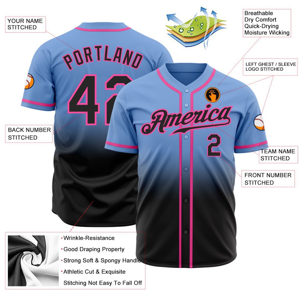 Custom Light Blue Black-Pink Authentic Fade Fashion Baseball Jersey Custom Light Blue Black Pink Authentic Fade Fashion Baseball Jersey Custom Light Blue Black-Pink Authentic Fade Fashion Baseball - Image 2