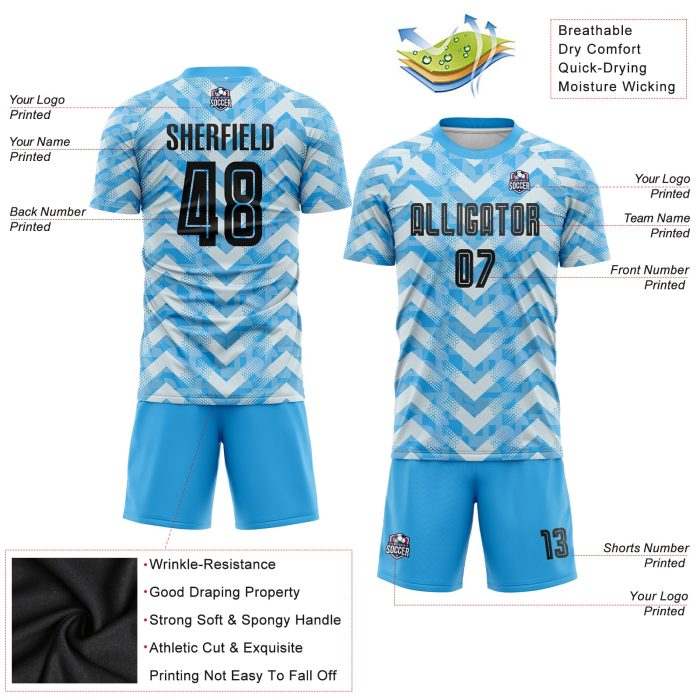 Custom Light Blue Soccer Jersey Sublimation Uniform for Home Games - Black and White Design Custom Light Blue Black-White - Image 3