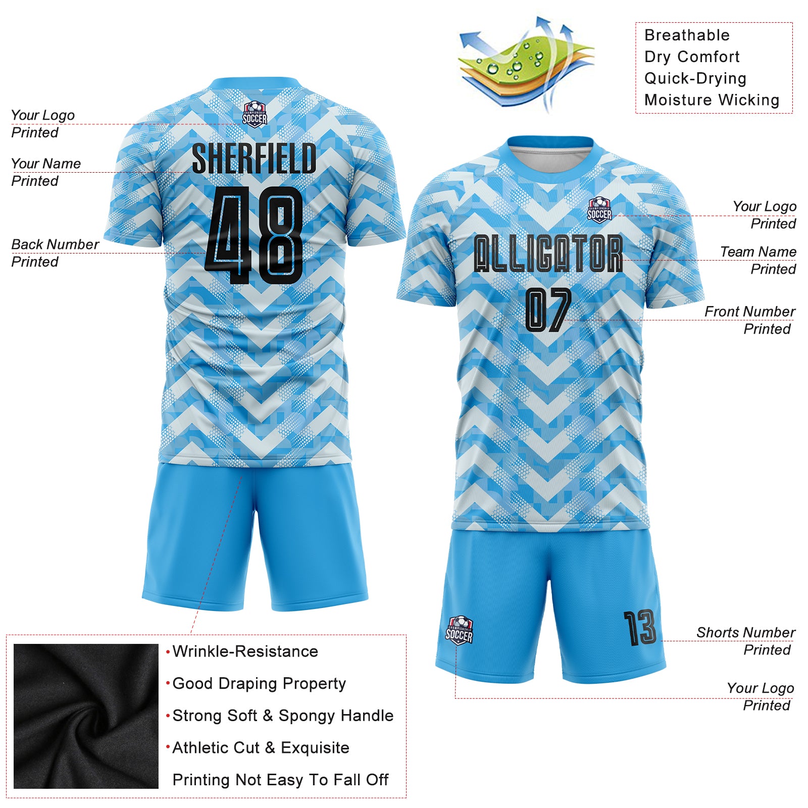 Custom Light Blue Black-White Home Sublimation Soccer Uniform Jersey Custom Light Blue Soccer Jersey Sublimation Uniform for Home Games - Black and White Design Custom Light Blue Black-White - Image 3