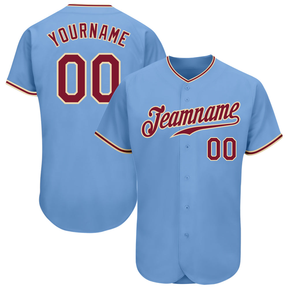 Light Blue Authentic Baseball Jersey - Custom Crimson-City Cream Design Custom Light Blue Crimson-City Cream Authentic Baseball
