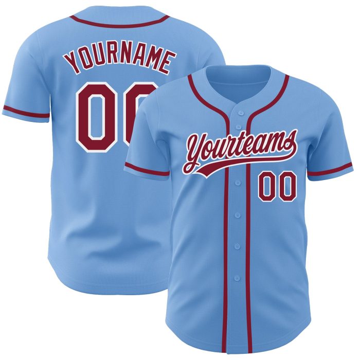 Light Blue Custom Baseball Jersey - Authentic Crimson and White Design Custom Light Blue Crimson-White Authentic Baseball - Image 1