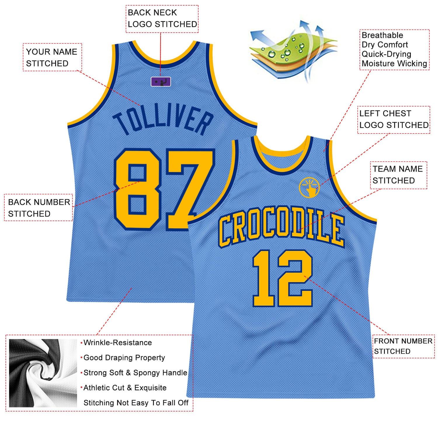 Custom Light Blue Gold-Royal Authentic Throwback Basketball Jersey Light Blue Gold-Royal Authentic Throwback Basketball Jersey - Custom Design Custom Light Blue Gold-Royal Authentic Throwback - Image 2