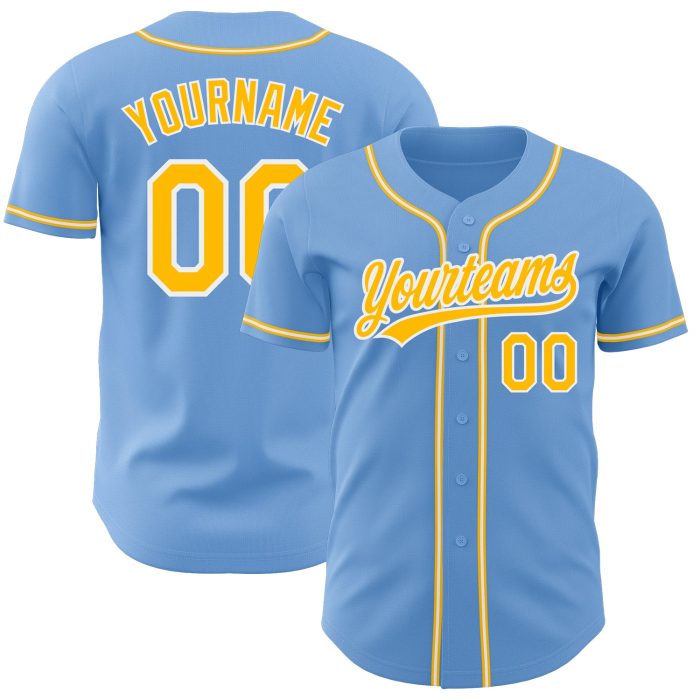 Light Blue Gold and White Custom Authentic Baseball Jersey Custom Light Blue Gold-White Authentic Baseball Jersey - Image 1