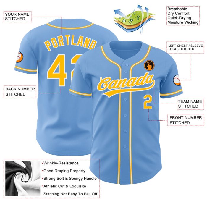 Light Blue Gold and White Custom Authentic Baseball Jersey Custom Light Blue Gold-White Authentic Baseball Jersey - Image 3