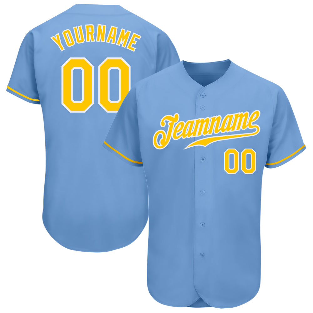 Light Blue Baseball Jersey with Gold-White Details, Custom Authentic Style 5575 Custom Light Blue Gold-White Authentic Baseball