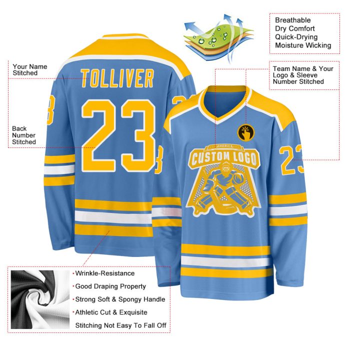 Light Blue and Gold-White Custom Hockey Jersey for Men, Women, and Kids Custom Light Blue Gold-White Hockey Jersey - Image 3