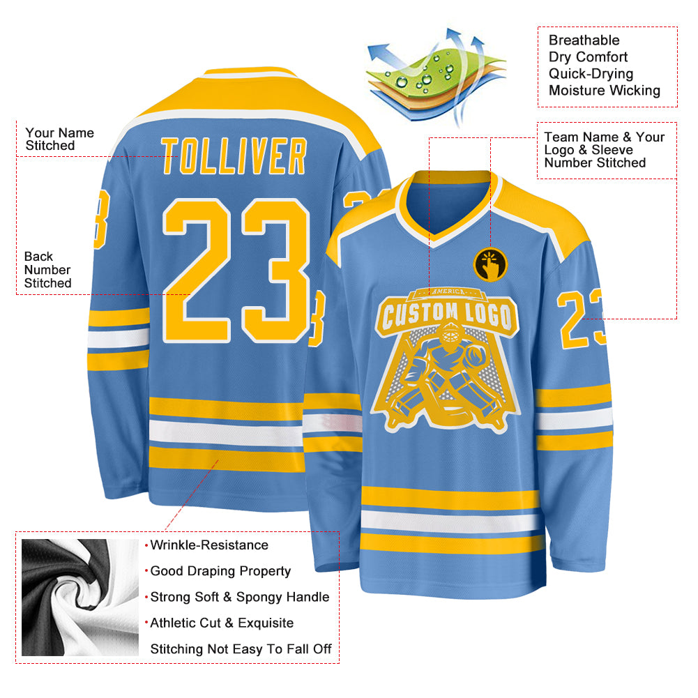 Custom Light Blue Gold-White Hockey Jersey Light Blue and Gold-White Custom Hockey Jersey for Men, Women, and Kids Custom Light Blue Gold-White Hockey Jersey - Image 3