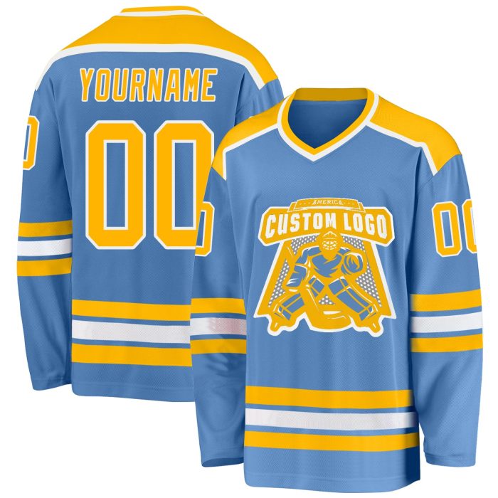 Light Blue and Gold-White Custom Hockey Jersey for Men, Women, and Kids Custom Light Blue Gold-White Hockey Jersey - Image 1
