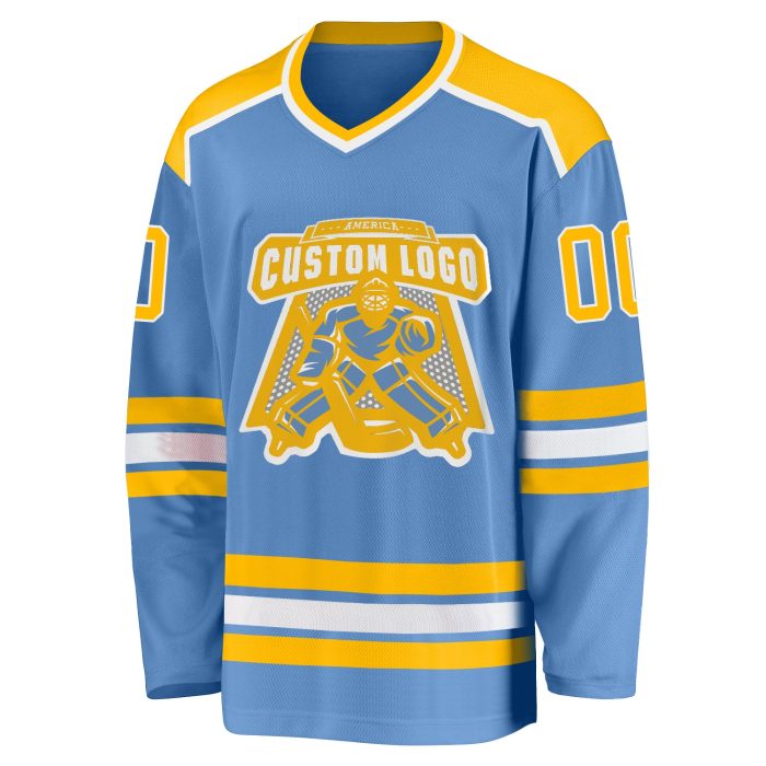 Light Blue and Gold-White Custom Hockey Jersey for Men, Women, and Kids Custom Light Blue Gold-White Hockey Jersey - Image 2