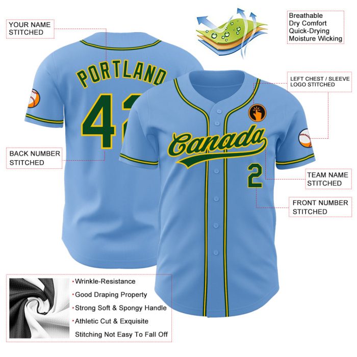Light Blue Green-Gold Custom Authentic Baseball Jersey for Men and Women Custom Light Blue Green-Gold Authentic Baseball - Image 3