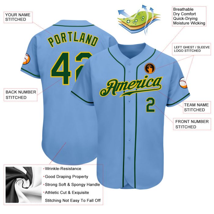 Light Blue Green-Gold Authentic Baseball Jersey - Custom Style 4183 Custom Light Blue Green-Gold Authentic Baseball Jersey - Image 3