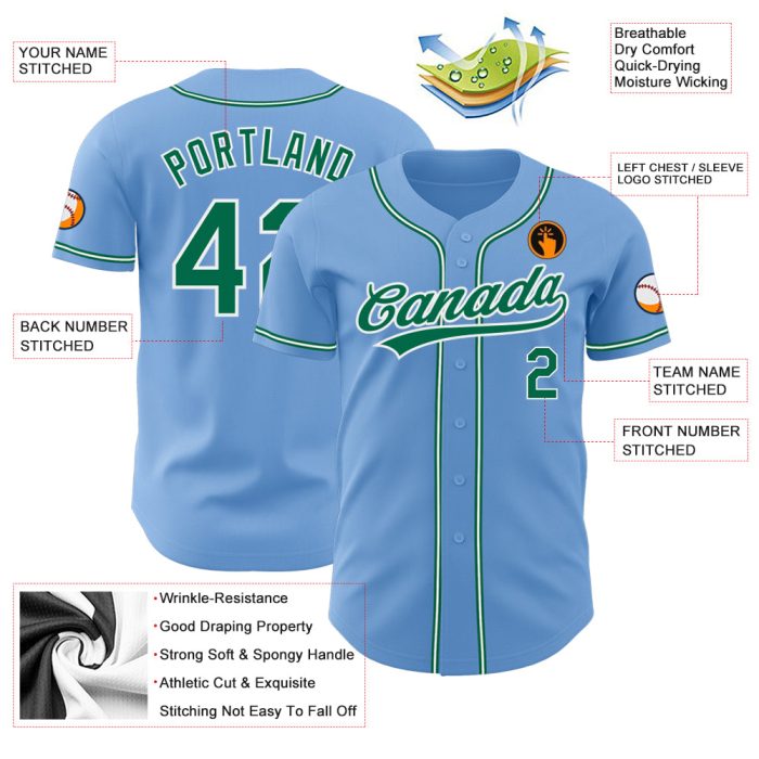 Light Blue Green White Authentics Baseball Jersey - Custom Design for Fans Custom Light Blue Kelly Green-White Authentic - Image 3