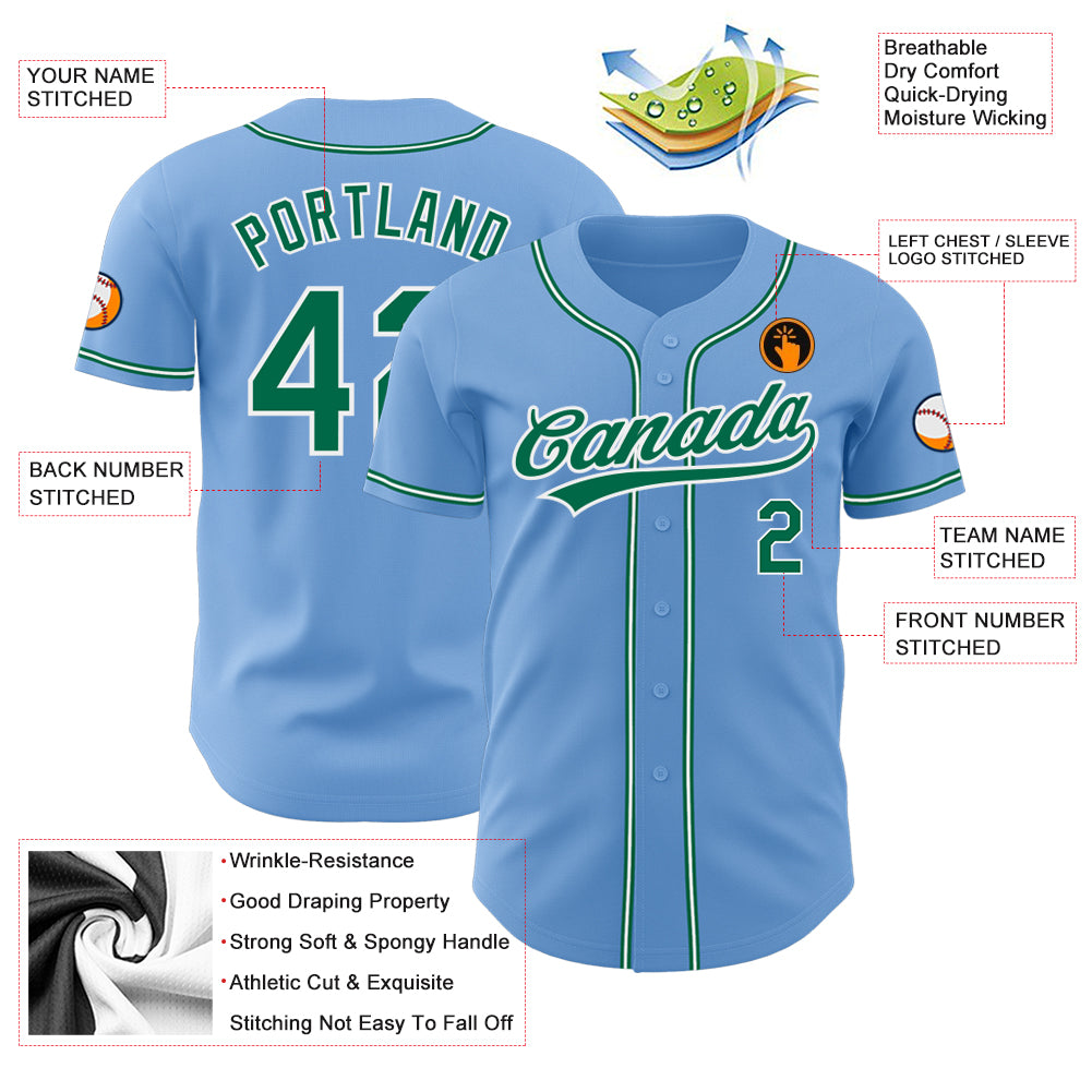Custom Light Blue Kelly Green-White Authentic Baseball Jersey Light Blue Green White Authentics Baseball Jersey - Custom Design for Fans Custom Light Blue Kelly Green-White Authentic - Image 3