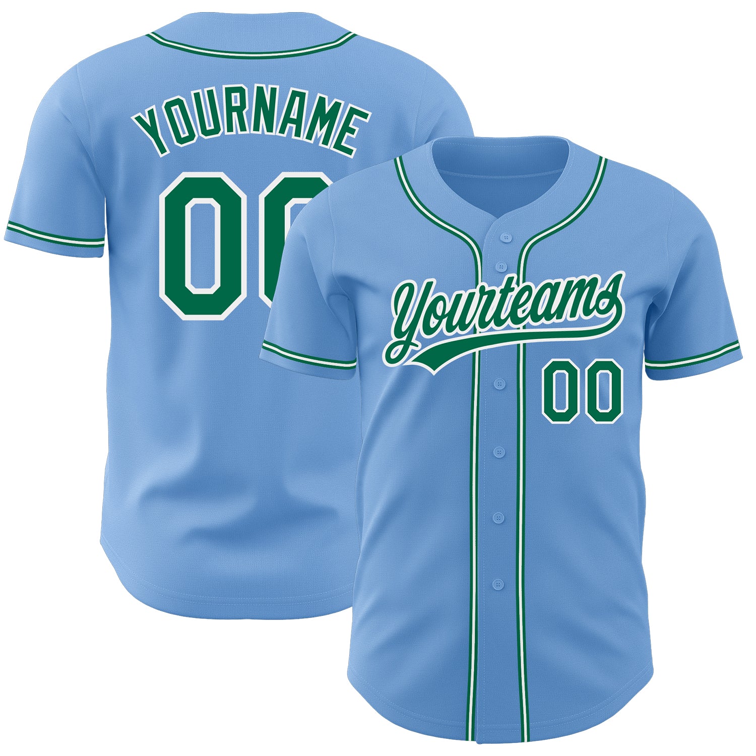 Custom Light Blue Kelly Green-White Authentic Baseball Jersey Light Blue Green White Authentics Baseball Jersey - Custom Design for Fans Custom Light Blue Kelly Green-White Authentic - Image 1