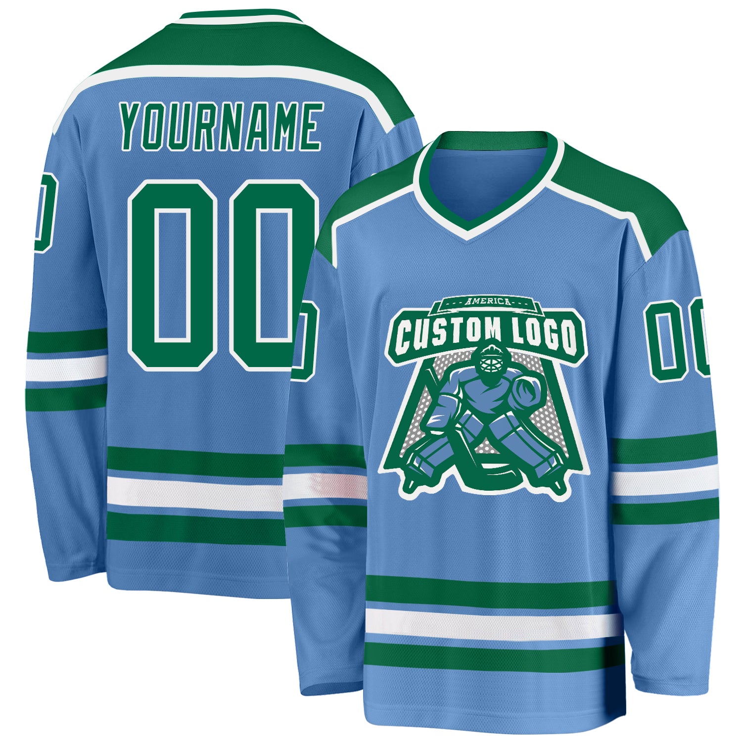 Custom Light Blue Kelly Green-White Hockey Jersey Light Blue Hockey Jersey with Kelly Green and White Custom Design Custom Light Blue Kelly Green-White Hockey Jersey - Image 1