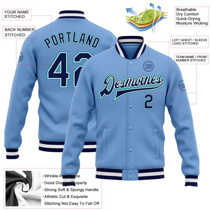 Light Blue Navy Aqua Bomber Varsity Letterman Jacket Custom Full-Snap Custom Light Blue Navy-Aqua Bomber Full-Snap Varsity - Image 3