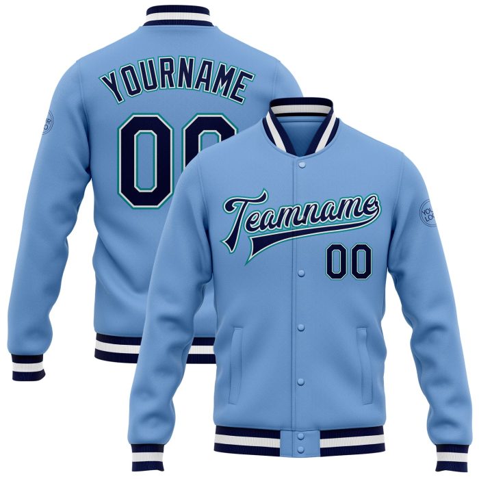 Light Blue Navy Aqua Bomber Varsity Letterman Jacket Custom Full-Snap Custom Light Blue Navy-Aqua Bomber Full-Snap Varsity - Image 1