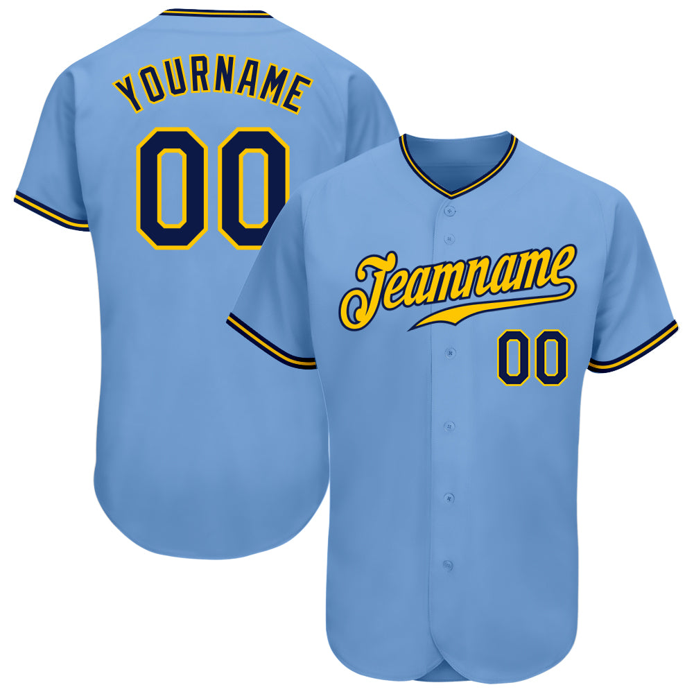 Light Blue Navy Gold Custom Baseball Jersey - Authentic Design for Fans Custom Light Blue Navy-Gold Authentic Baseball Jersey