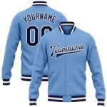 Light Blue Navy White Varsity Bomber Jacket Custom Full-Snap Letterman Custom Light Blue Navy-White Bomber Full-Snap Varsity
