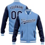 Light Blue and Navy Varsity Letterman Bomber Jacket - Custom Two Tone Full-Snap Outerwear Custom Light Blue Navy-White Bomber