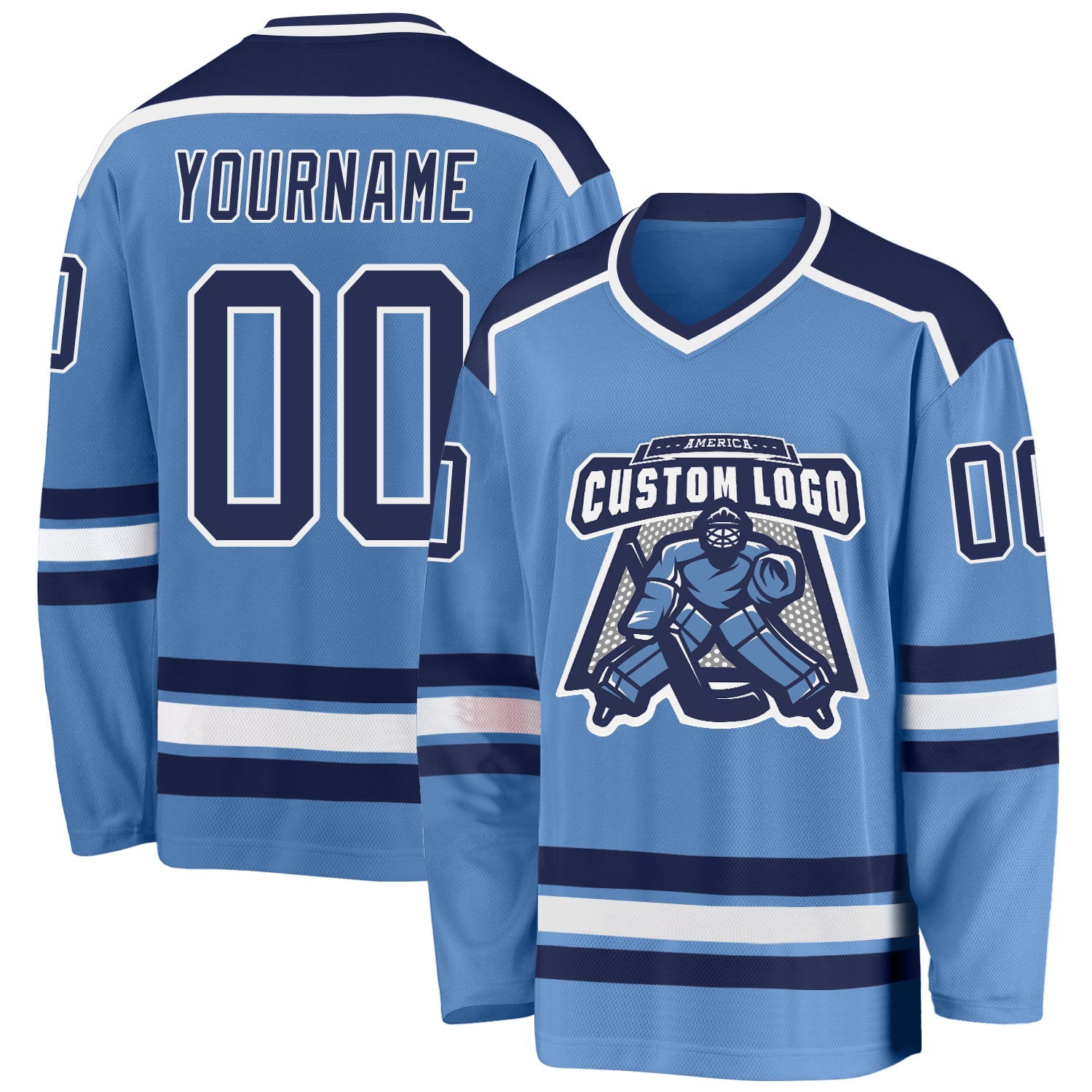 Custom Light Blue Navy-White Hockey Jersey Light Blue Navy White Hockey Jersey - Customizable Sports Apparel Custom Light Blue Navy-White Hockey Jersey - Image 1
