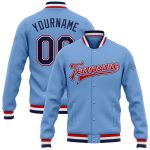 Light Blue Navy White Red Custom Varsity Letterman Bomber Jacket Full-Snap Custom Light Blue Navy White-Red Bomber Full-Snap