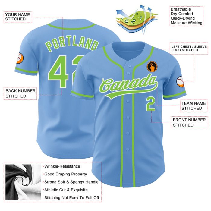 Light Blue Neon Green-White Authentic Baseball Jersey - Customizable Sports Apparel Custom Light Blue Neon Green-White Authentic - Image 3