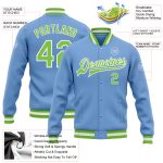 Light Blue and Neon Green Varsity Letterman Bomber Jacket - Custom Full-Snap Design Custom Light Blue Neon Green-White Bomber - Image 3