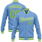 Light Blue and Neon Green Varsity Letterman Bomber Jacket - Custom Full-Snap Design Custom Light Blue Neon Green-White Bomber