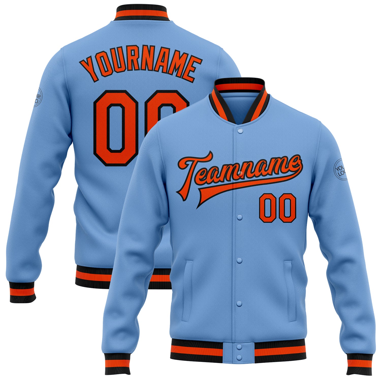 Light Blue Orange Black Varsity Letterman Jacket Custom Full-Snap Bomber Custom Light Blue Orange-Black Bomber Full-Snap